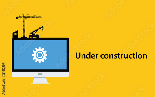 under construction concept with pc computer monitor gear icon crane construct and yellow background