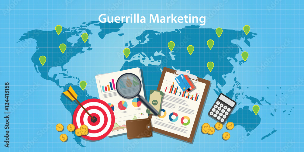 guerilla marketing concept with world map and graph and chart with goals target