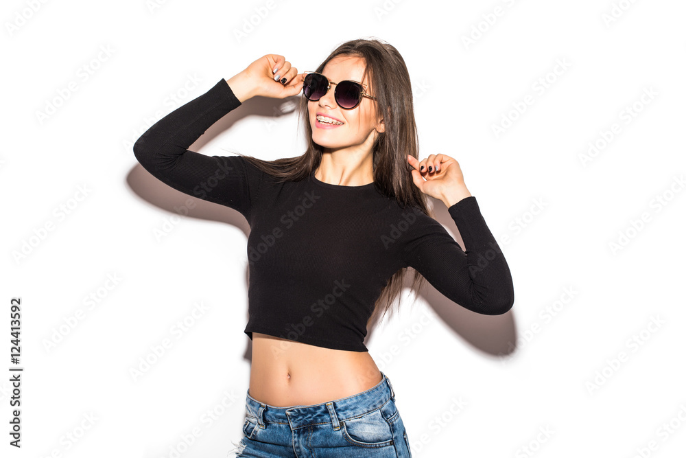 Fashion girl hipster in sunglasses white background