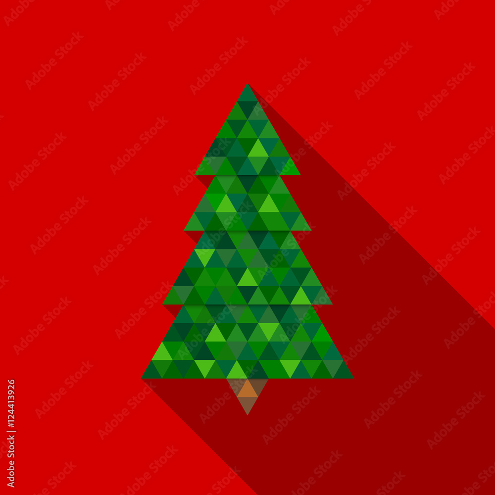 Abstract Christmas tree out of triangles with long shadow on red background