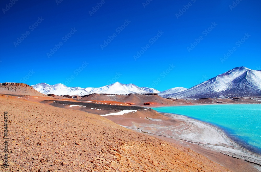 Long shot of the Laguna Verde with turquoise water, mountains in the background and a blue sunny sky in Chile, South America Long shot of the Laguna Verde with turquoise water, mountains in the background and a blue sunny sky in Chile, South America