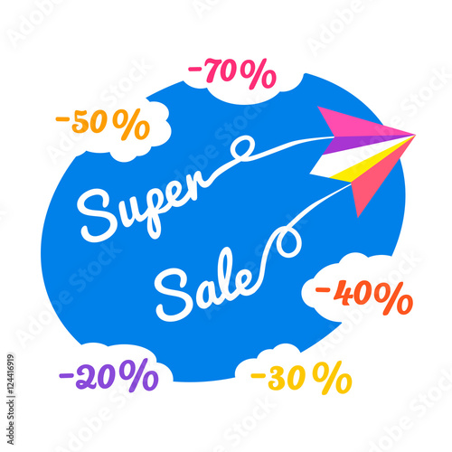 Paper plane. Super sale poster Concept. Airplane fly. Special discount season banner. Promo design of travel bonus offer for flight. Flat style. Off price advertisement background. Vector illustration