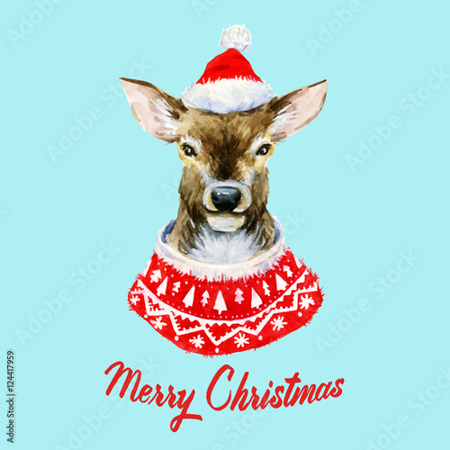 Watercolor christmas deer