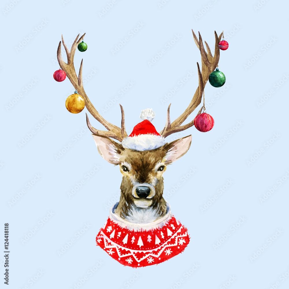 Fototapeta premium Watercolor christmas deer