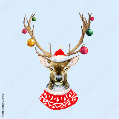 Watercolor christmas deer
