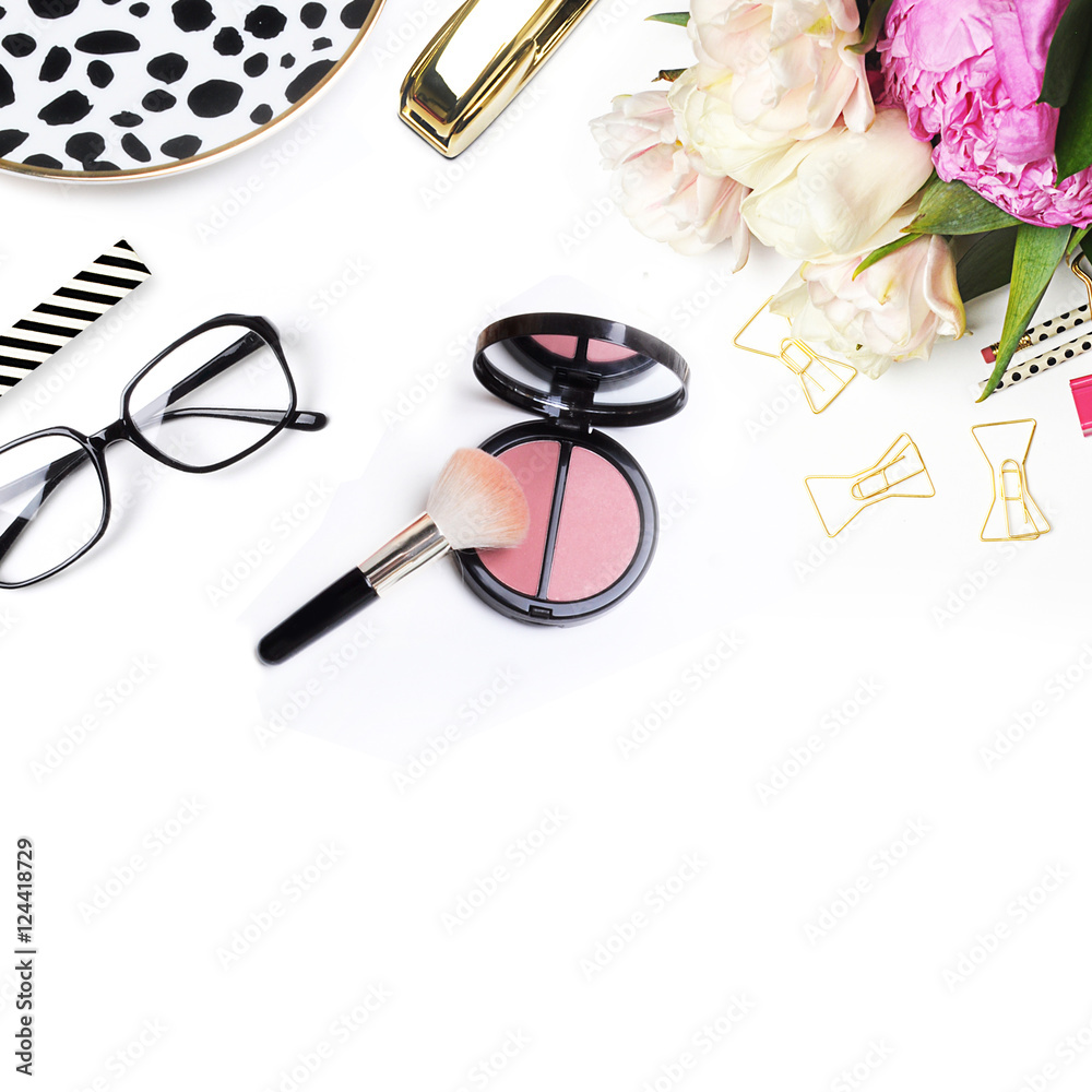Flat lay. Woman modern background. Mock-up background. Glamour style. Table view. Peony flower Flat lay. Woman modern background. Mock-up background. Glamour style. Table view. Peony flower
