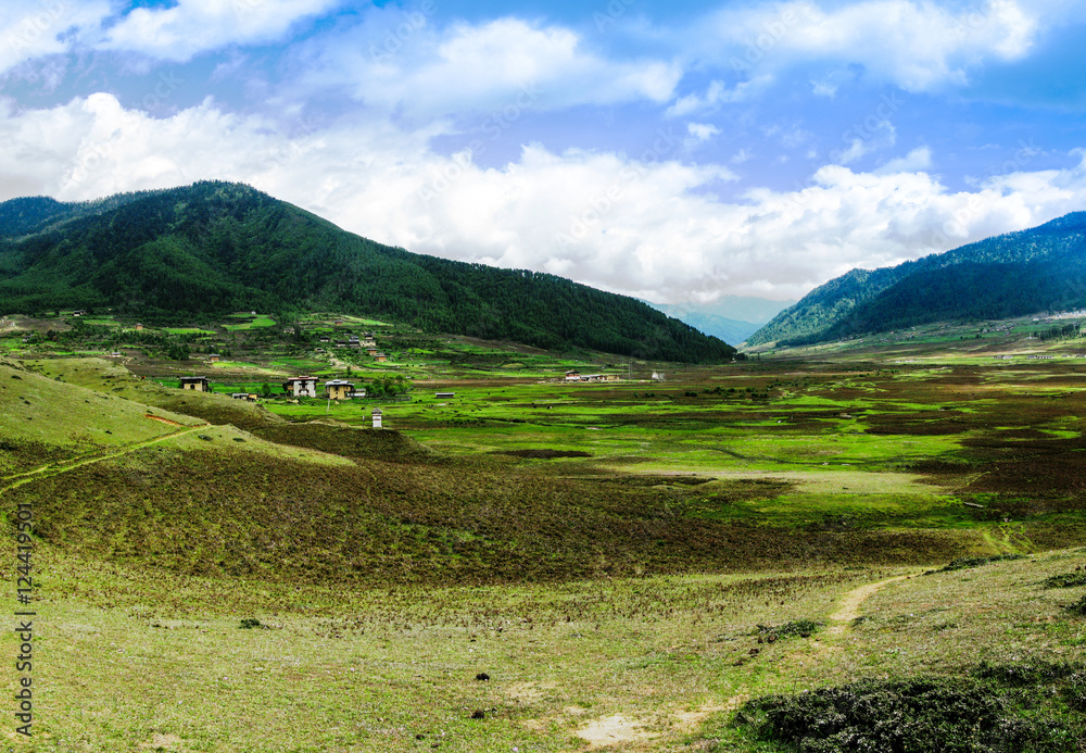 Landscape of mountain Phobjikha valley in Bhutan Himalayas
