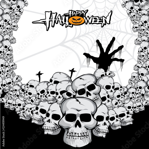 Monster and piles of skulls in a cemetery.