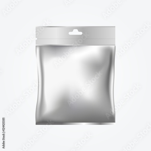 Gray Package, Foil, Food Snack Bag Packaging. Plastic Pack. Vector 