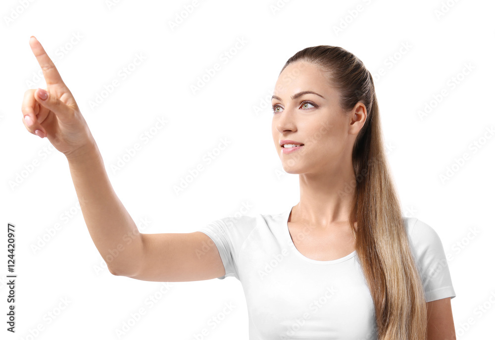 Beautiful girl pointing finger, isolated on white Beautiful girl pointing finger, isolated on white