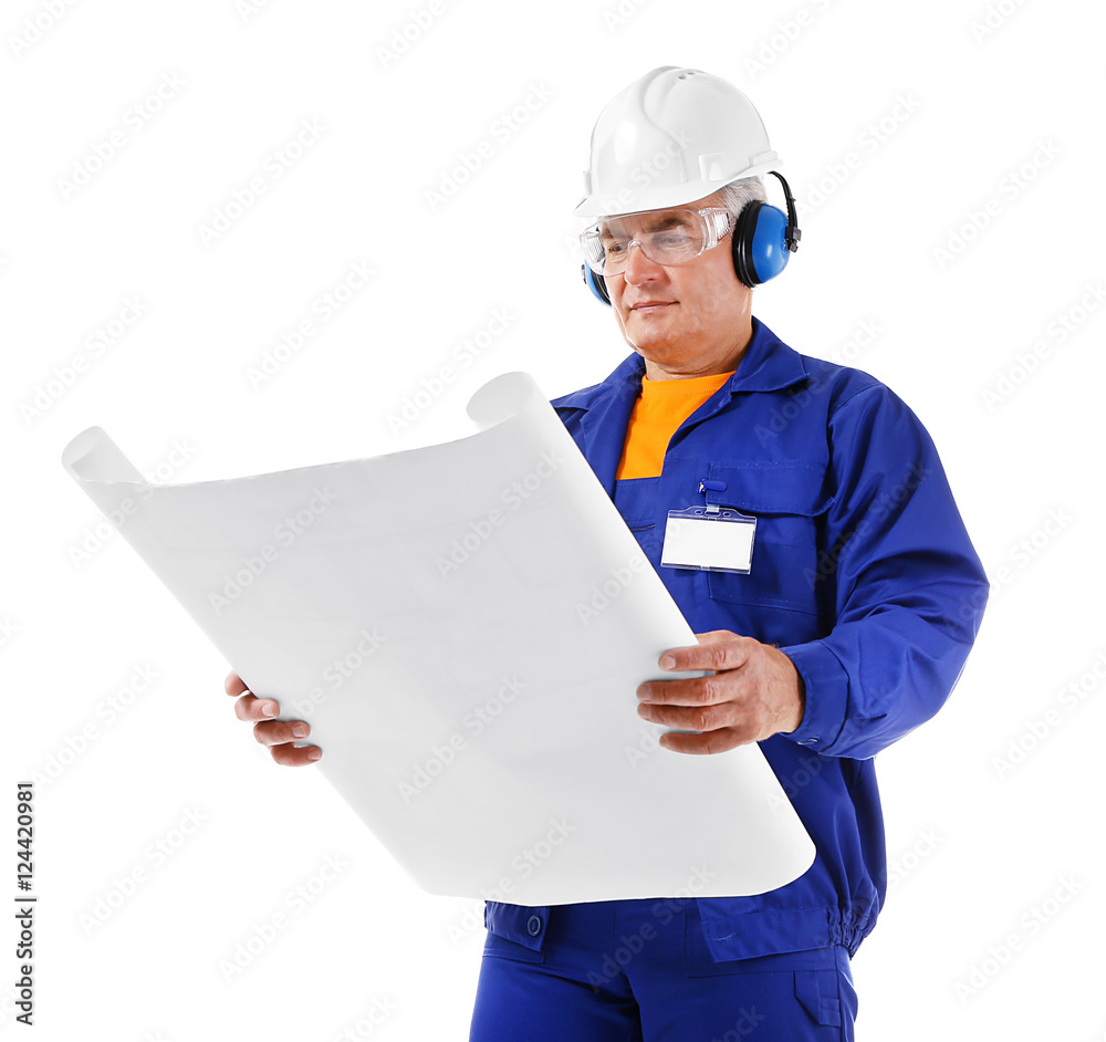 Construction worker with blueprint, isolated on white Construction worker with blueprint, isolated on white