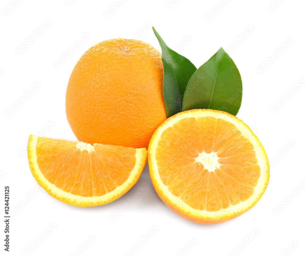 Orange fruit with slices, isolated on white Orange fruit with slices, isolated on white