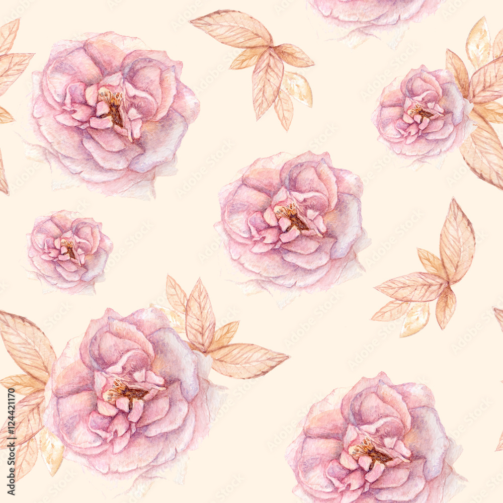 Watercolor seamless pattern with pink roses. Cute and delicate texture for wrapping paper, textile, fabric 