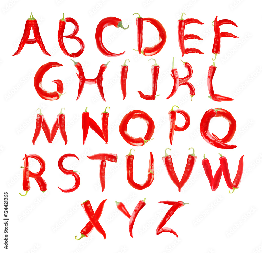 English alphabet made of chili peppers on white background English alphabet made of chili peppers on white background