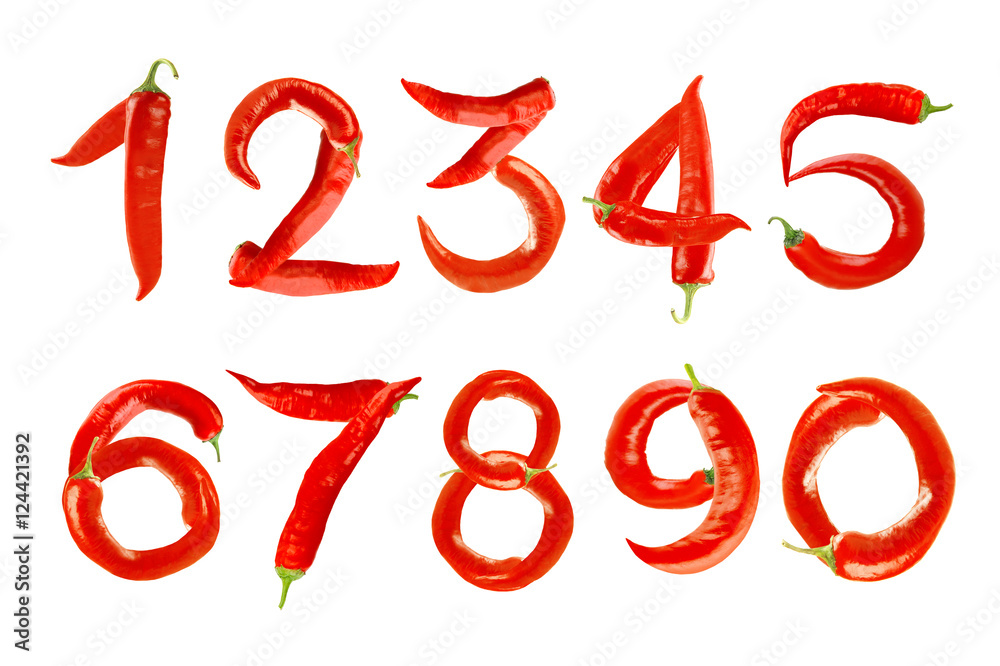 Numbers made of chili peppers on white background Numbers made of chili peppers on white background