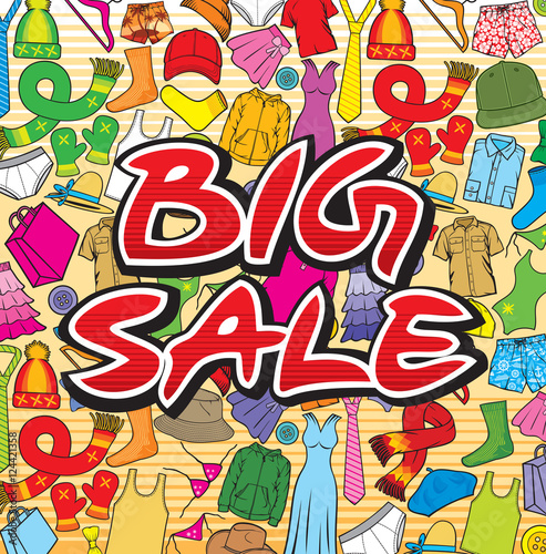 big sale poster design  background with male and female clothes 