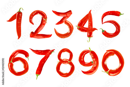 Numbers made of chili peppers on white background