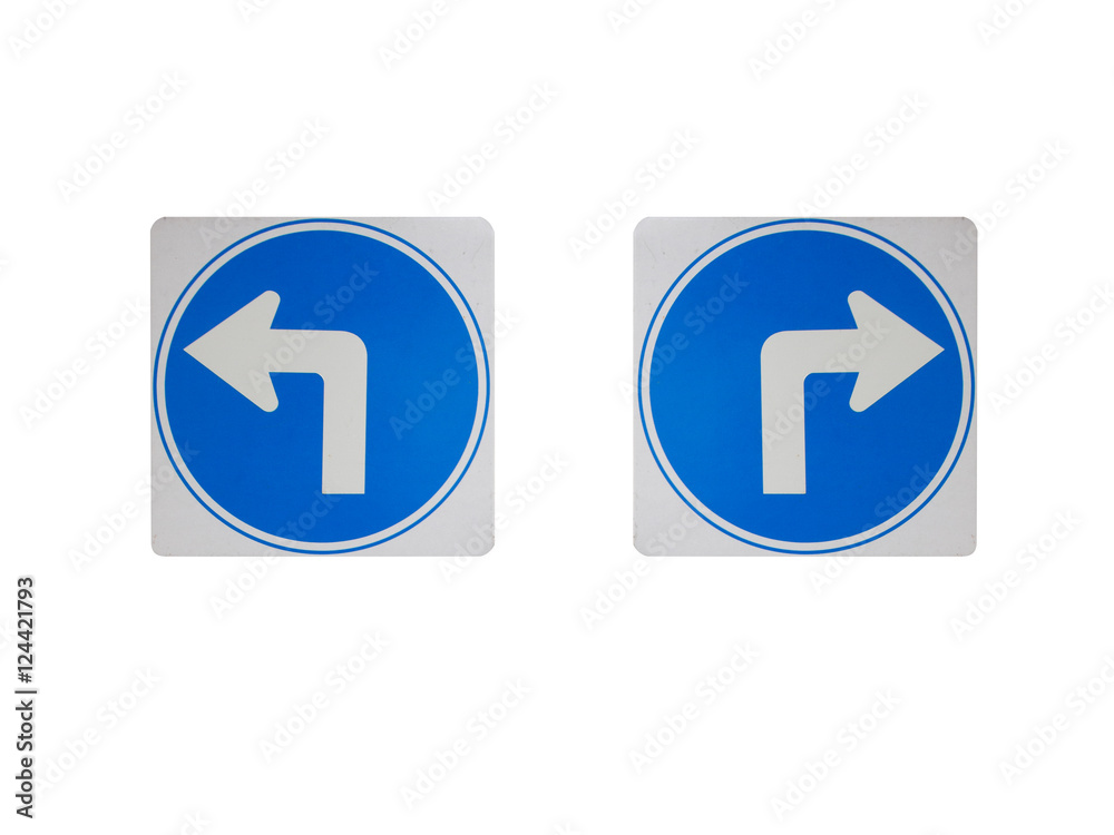 Traffic sign telling, turn left , turn right sign. Arrow on a blue background rectangles. isolated on white background Traffic sign telling, turn left , turn right sign. Arrow on a blue background rectangles. isolated on white background