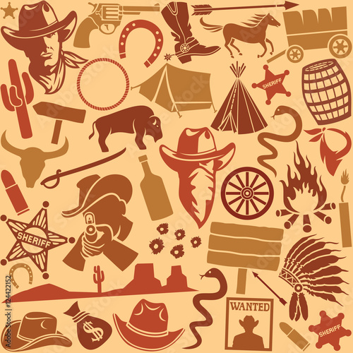 wild west icons set seamless background