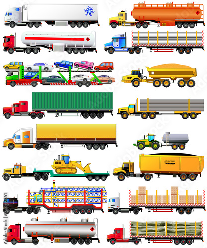 Vector set of semi-trailer trucks. Detailed, side view