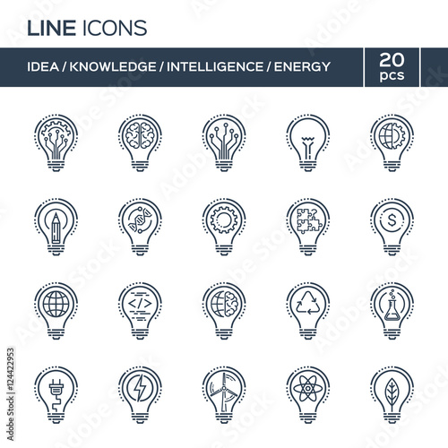 Thin line icons set. Ideas, knowledge, intelligence, energy. 