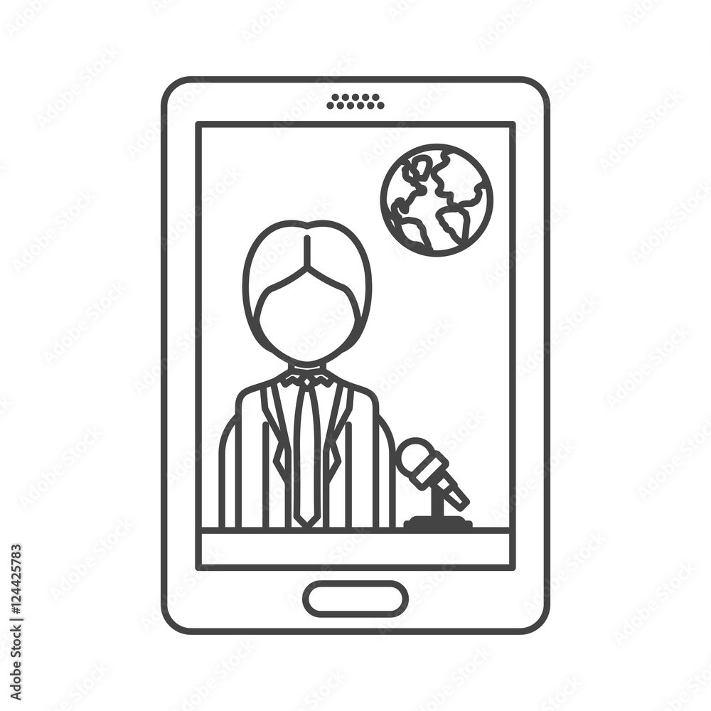smartphone with news journalist man and earth icon on screen. vector illustration smartphone with news journalist man and earth icon on screen. vector illustration