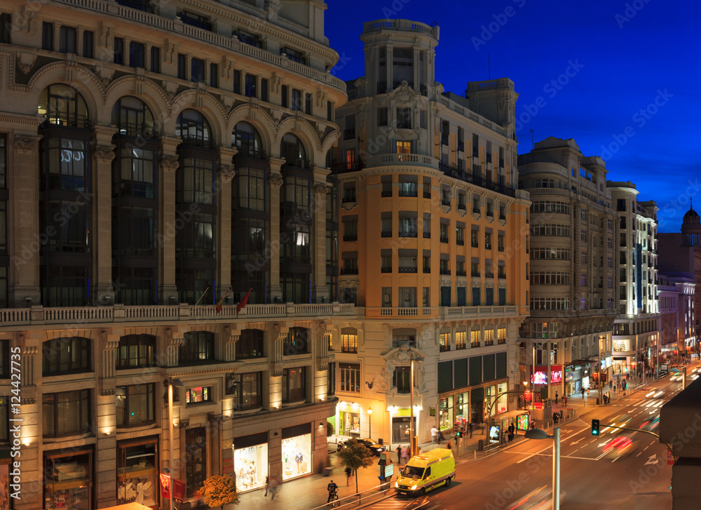 Fototapeta premium Gran Via street at late evening, Madrid, Spain.