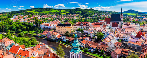 Panoramic aerial view over the old Town of Cesky Krumlov, Czech Republic. UNESCO World Heritage Site