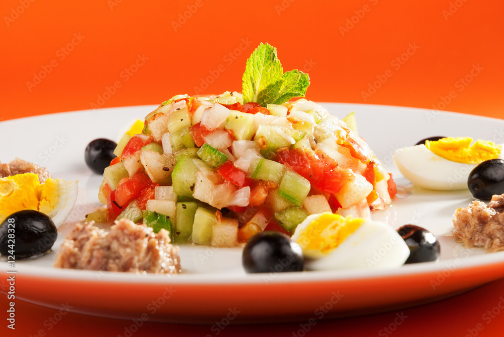 Tunisian salad with cucumbers, tuna fish, eggs and olives. Horiz Tunisian salad with cucumbers, tuna fish, eggs and olives. Horiz
