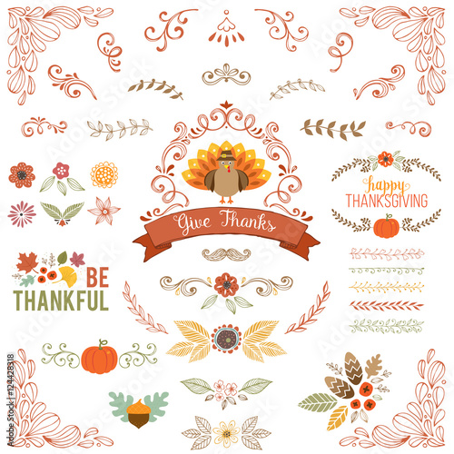 Autumn and Thanksgiving set with vintage ornate motifs and typographic design elements.