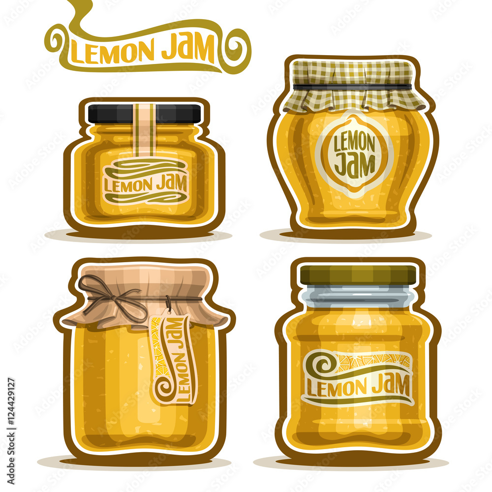 Vector logo Lemon Jam in glass Jars with paper lid, yellow rustic Pot home made lemon jams, twine rope bow, homemade fruit jam jar, citron jelly pot with label, checkered cloth cap, isolated on white.
