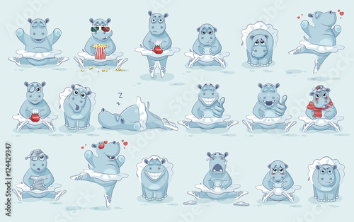 Set Vector Emoji character cartoon ballerina Hippopotamus