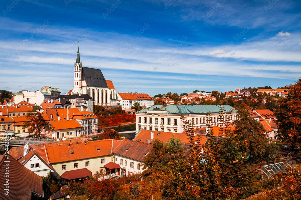 Autumn view on the Cesky Krumlov and Vltava river, Czech republic. Sunny autumn day. UNESCO World Heritage Site