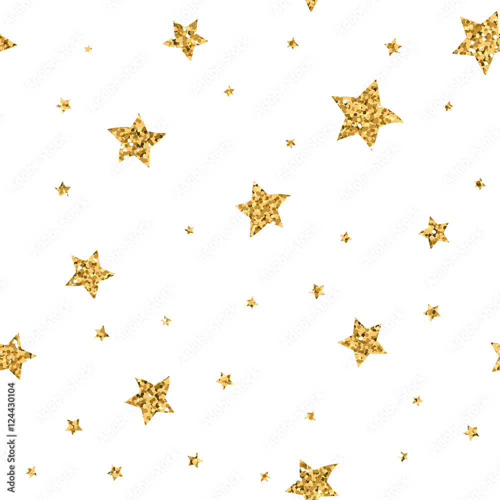 Stars seamless pattern gold and white retro background. Abstract bright golden design for wallpaper, christmas decoration, confetti, textile, wrapping. Symbol of holiday. Vector illustration