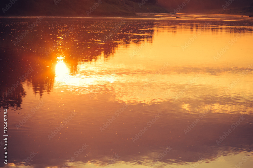 Background of Sunset Sky and River reflections beautiful scenery with natural colors Landscape Travel concept