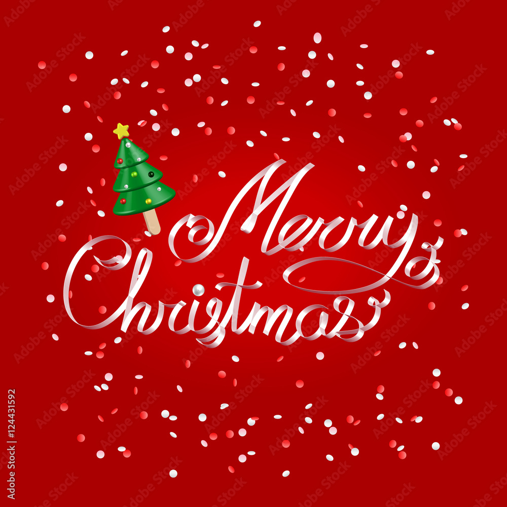 Merry Christmas greetings white ribbon lettering over festive red background with christmas tree icecream and confetti