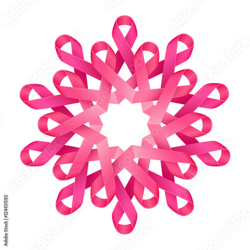 Pink ribbons breast cancer awareness symbolic decorative flower, symbol of people gathering, help and support
