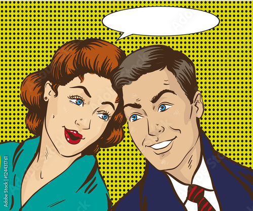 Vector illustration in pop art style. Woman and man talk to each other. Retro comic. Gossip, rumors talks
