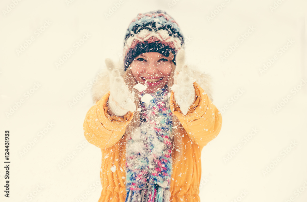 Young Woman wearing hat and scarf happy smiling outdoor enjoy winter snow Travel Lifestyle Young Woman wearing hat and scarf happy smiling outdoor enjoy winter snow Travel Lifestyle