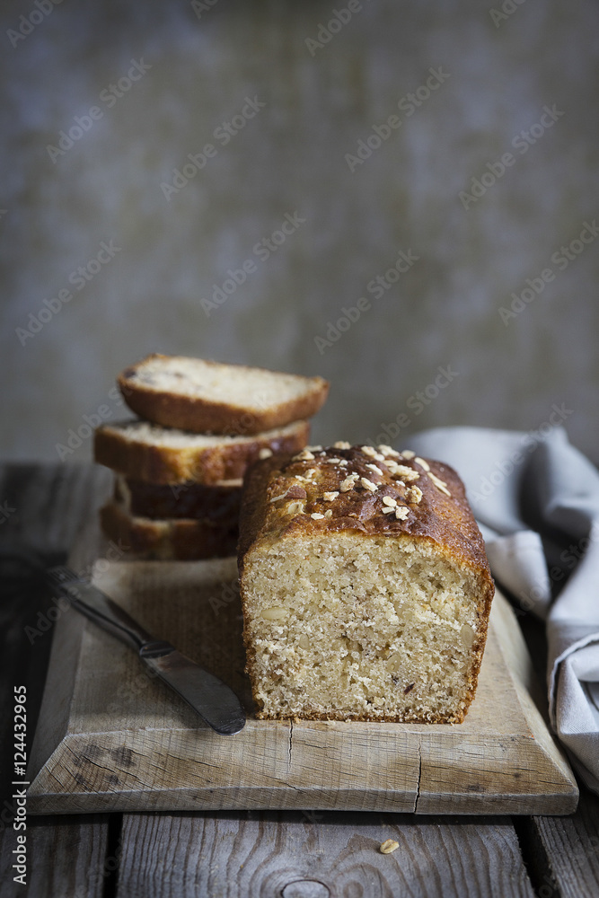 Muesli cake on wooden table Muesli cake on wooden table