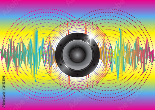 Audio speaker with colorful wave and  circle technology background