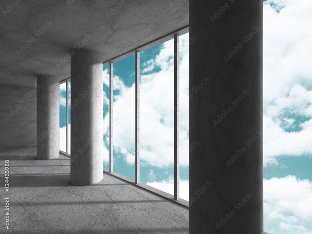 Concrete architecture background. Modern building on cloudy sky