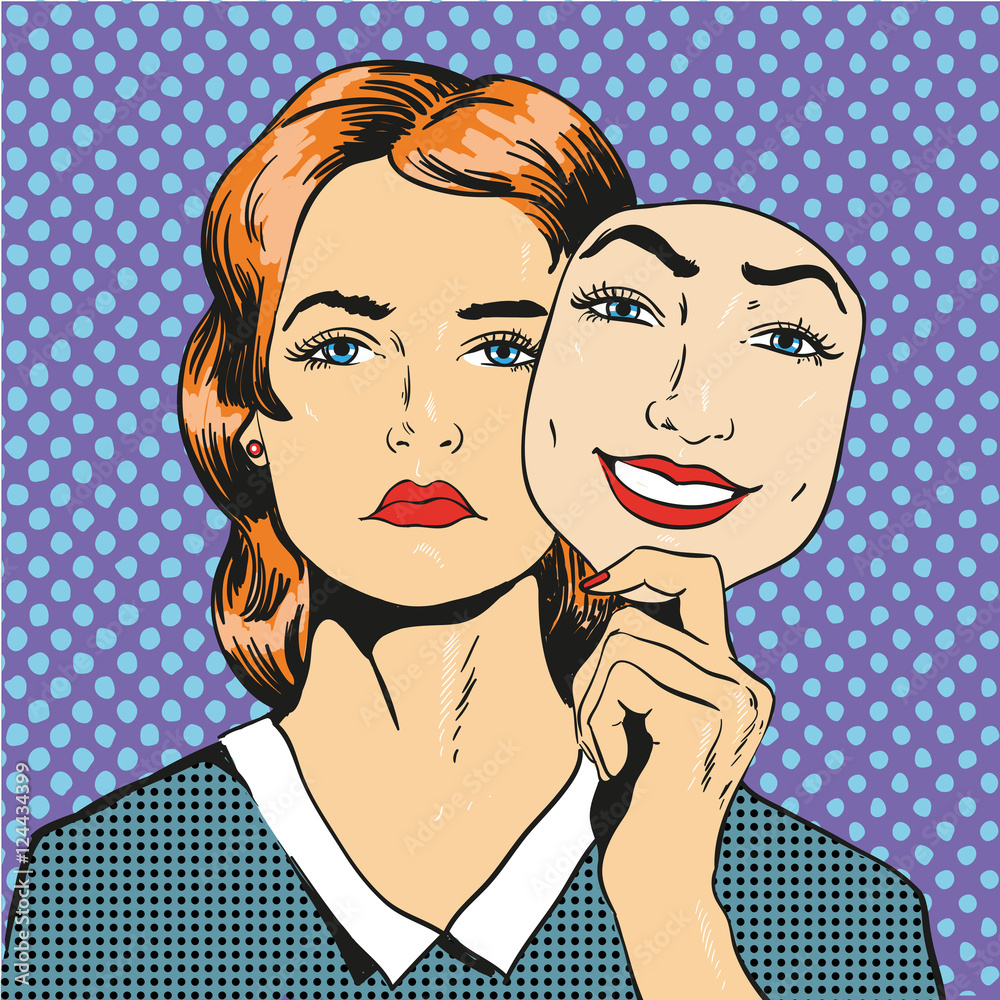 Woman with sad unhappy face holding mask fake smile. Vector illustration in  comic retro pop art style Stock Vector | Adobe Stock