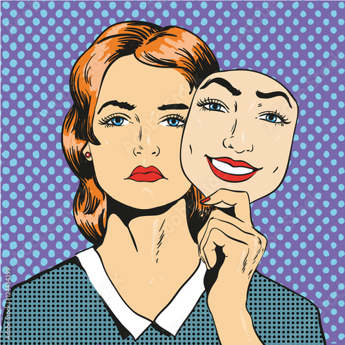 Woman with sad unhappy face holding mask fake smile. Vector illustration in  comic retro pop art style Stock ベクター | Adobe Stock