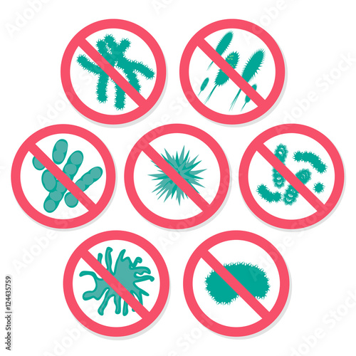 Antibacterial sign with green bacteria.