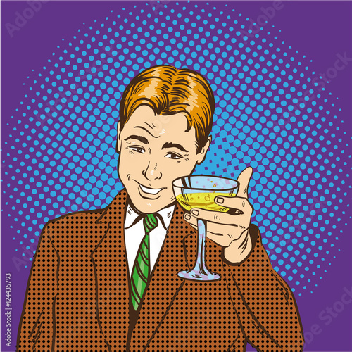 Business man with glass of champagne celebrates closed deal. Cheers and party concept vector illustration in retro pop art comic style