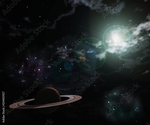 Fototapeta Naklejka Na Ścianę i Meble -  planet with asteroid rings. stars shine. space landscape.