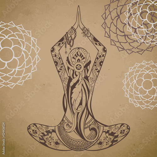 Vintage card with silhouette of yoga woman sitting in lotus pose. With waves, dragons, chakras, mehendi, zentagle ornament. Vector illustration.