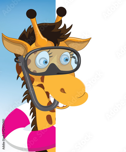 Fun Cartoon Diver Giraffe looking at a blank white page photo