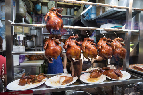 Photography Roasted chicken in chicken rice hawker stall